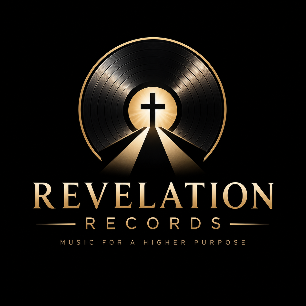 Revelation Records — a gold-edged record and path leading toward an illuminated cross. Music for a higher purpose.